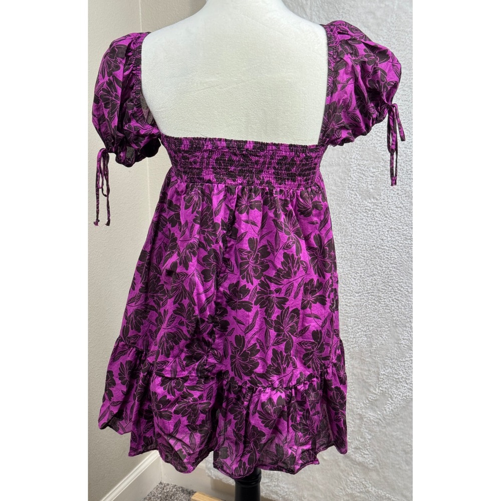 Olivaceous Floral Mini Dress Purple Brown‎ Puff Sleeve Smocked Back Size M - Picture 3 of 6
